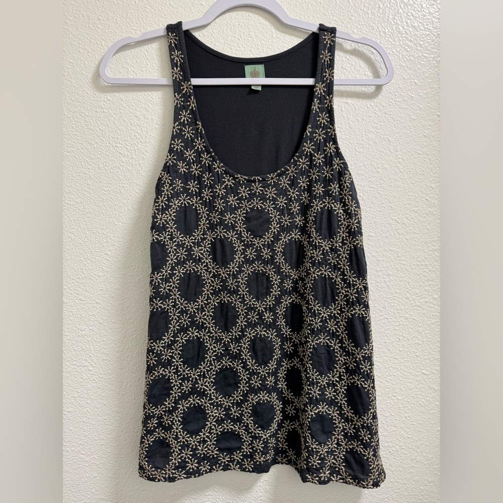 Anthropologie HWR Monogram Embroidered Floral Tank Top Metallic Knit Boho Small